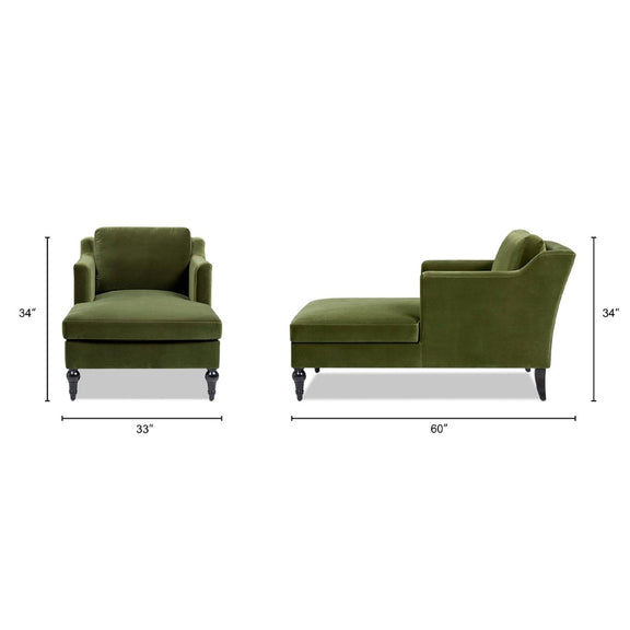 Green upholstered chaise lounge shown from front and side angles with turned feet