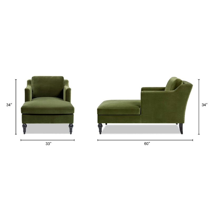 Green upholstered chaise lounge shown from front and side angles with turned feet
