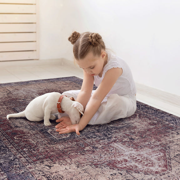 Dark red and gray ornate area rug with vintage motifs, rectangular, washable-style home scene.