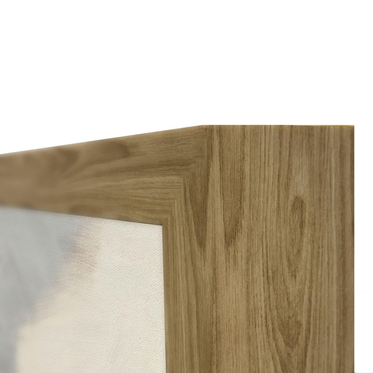Wood frame corner detail for wall art painting, light brown finish