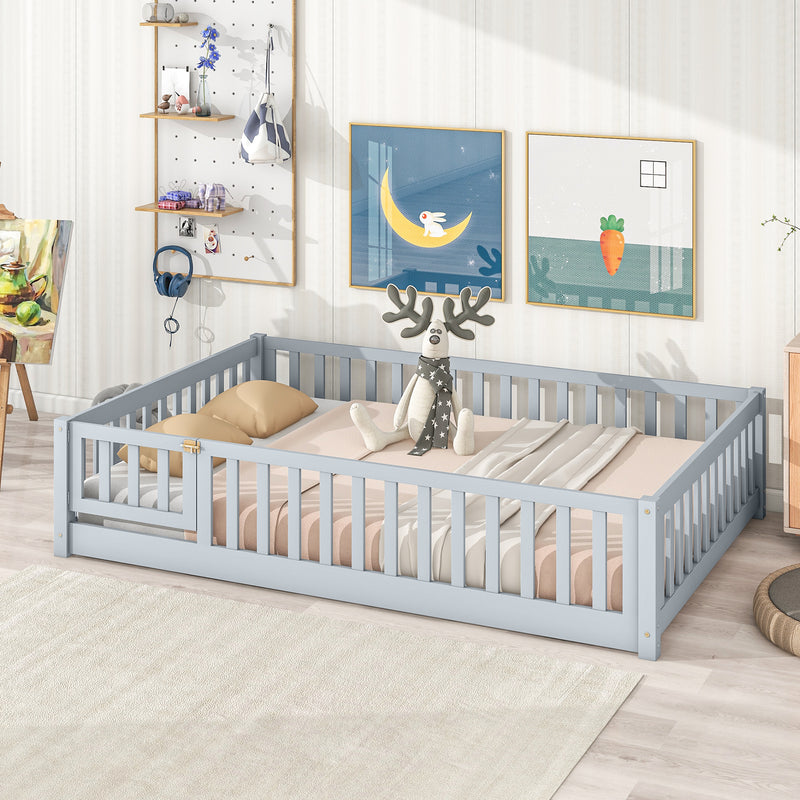 Full Size Floor Bed with Fence and Door, Rubber Wood Floor Bed with Safety Guardrails, Grey