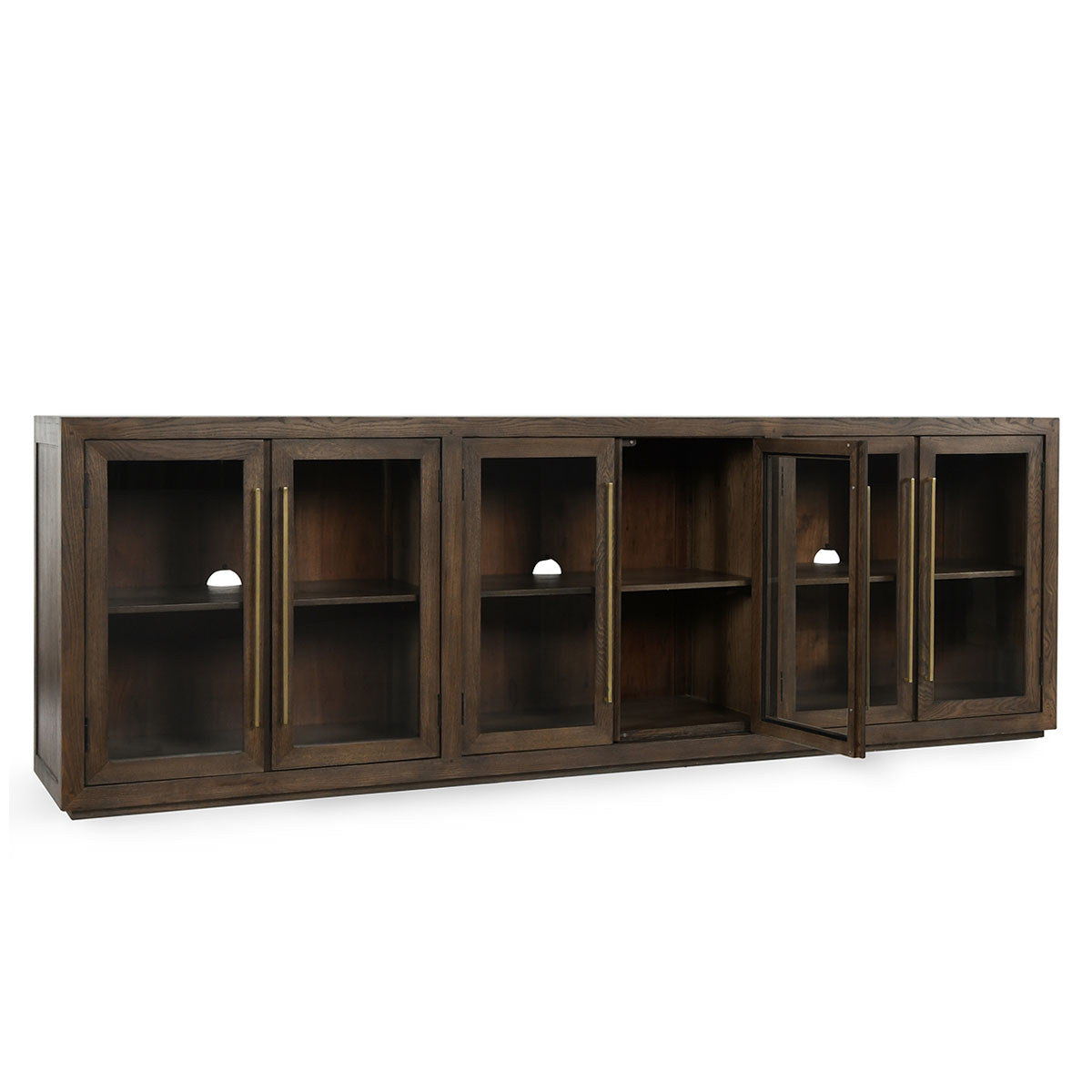 Dark brown solid wood cabinet with 6 doors and glass-front shelves