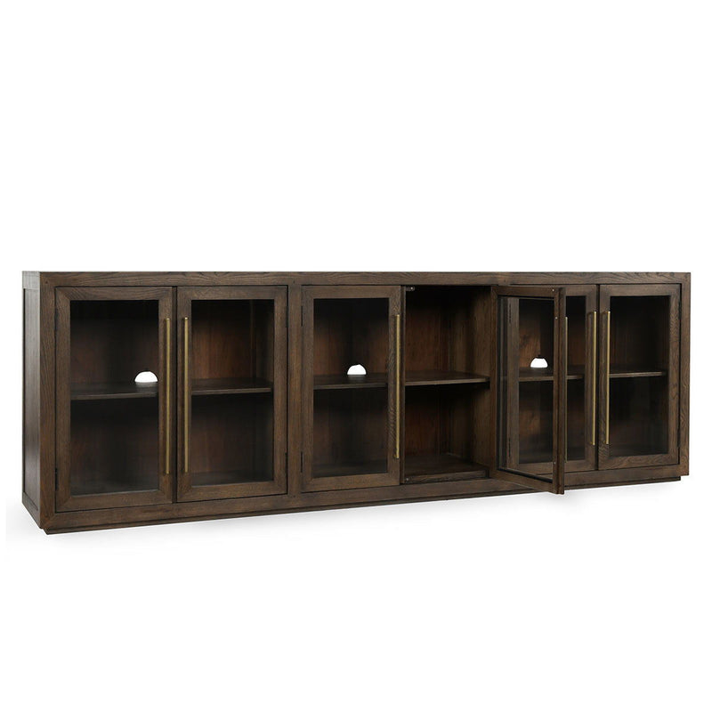 Dark brown solid wood cabinet with 6 doors and glass-front shelves