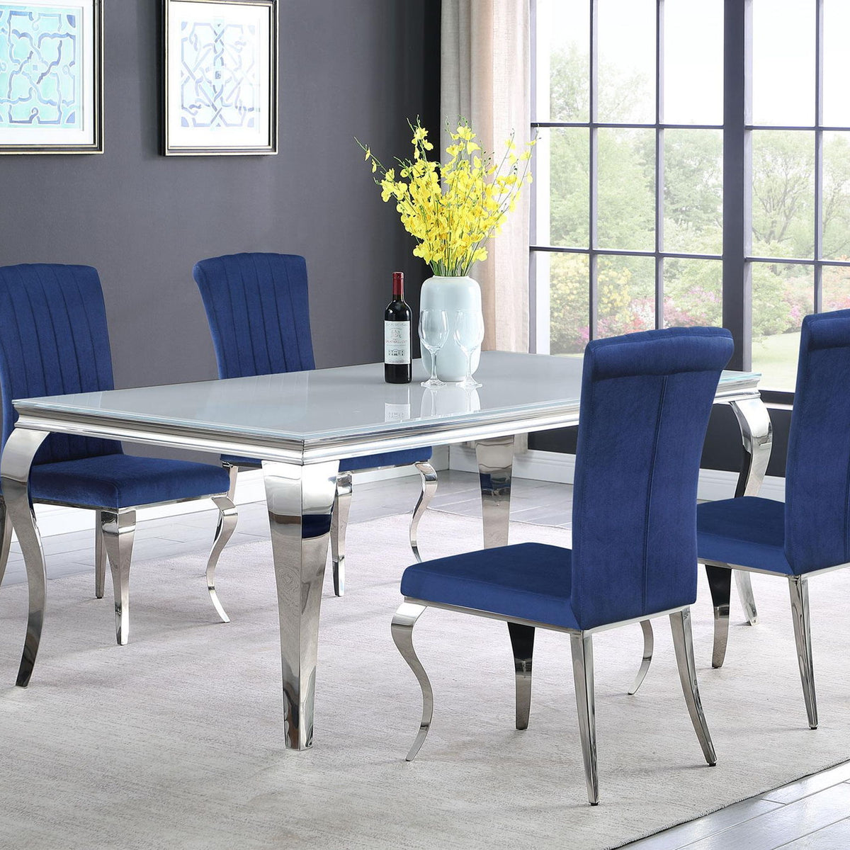 Carone 5-piece 81-inch Rectangular White Glass Dining Set Blue