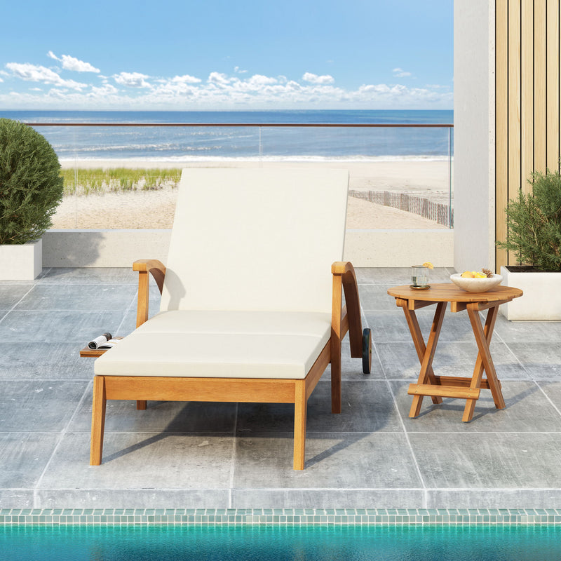 Versatile Chaise Lounge With Wheels Acacia Wood Recliner For Patio - Cream