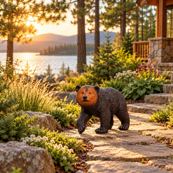 Walking bear garden statue with brown face displayed on a garden path