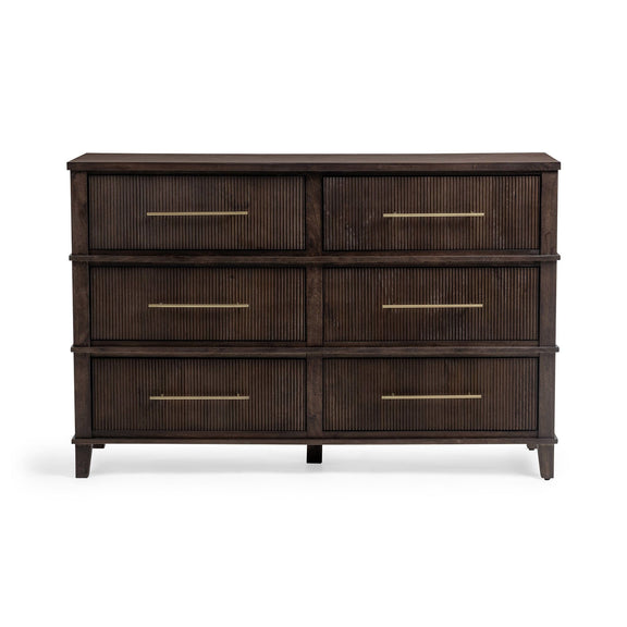 Brown wood dresser with six drawers and straight bar pulls, dark finish