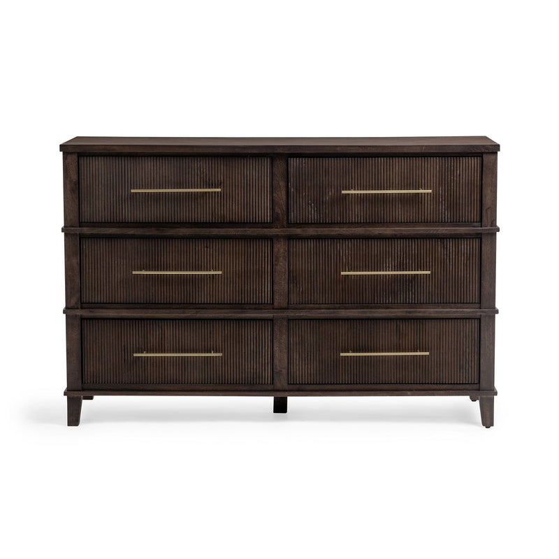 Brown wood dresser with six drawers and straight bar pulls, dark finish
