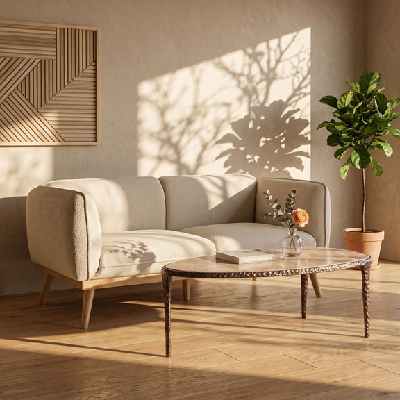 Round marble-top coffee table with four dark metal legs in front of a sofa
