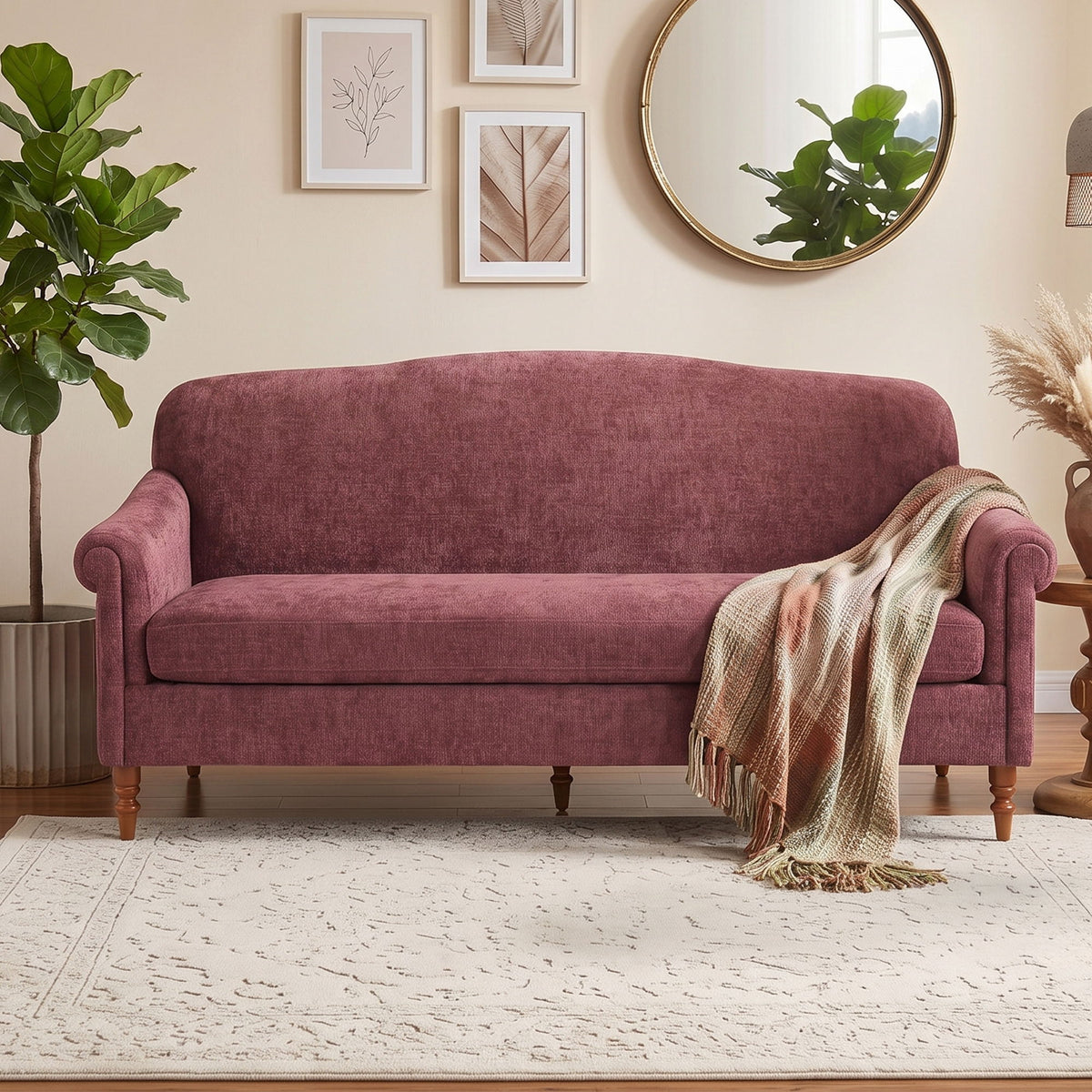 Red 2-seat loveseat sofa with rolled arms and cushioned back