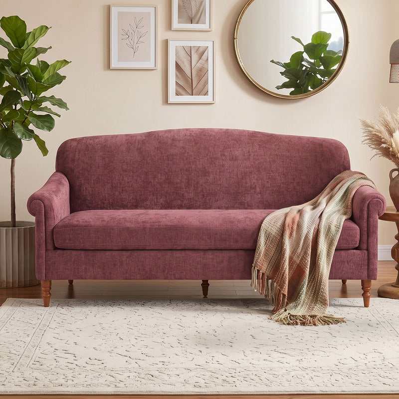 Red 2-seat loveseat sofa with rolled arms and cushioned back