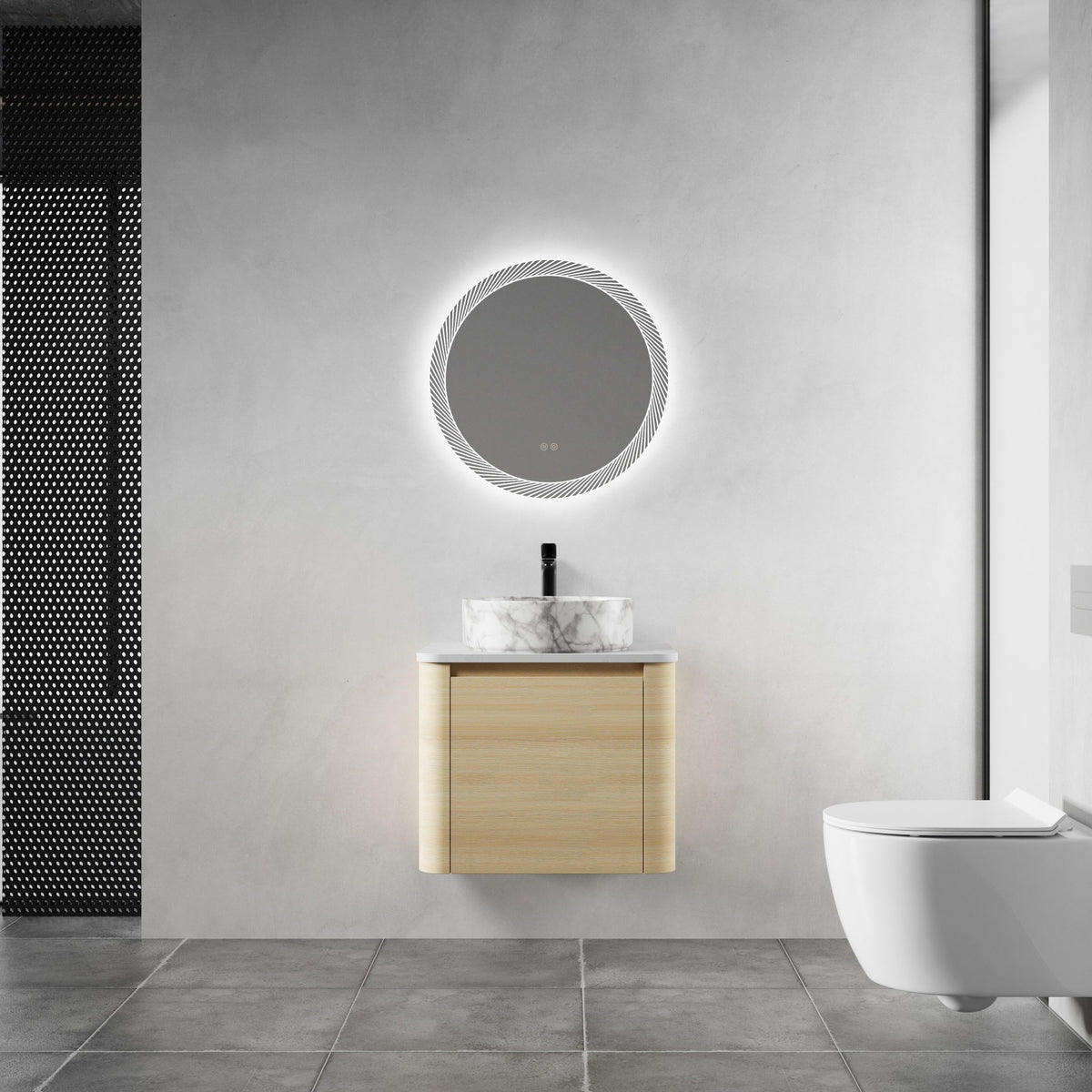 Mounted bathroom vanity with white marble-look art sink and 2 soft-close doors, light wood