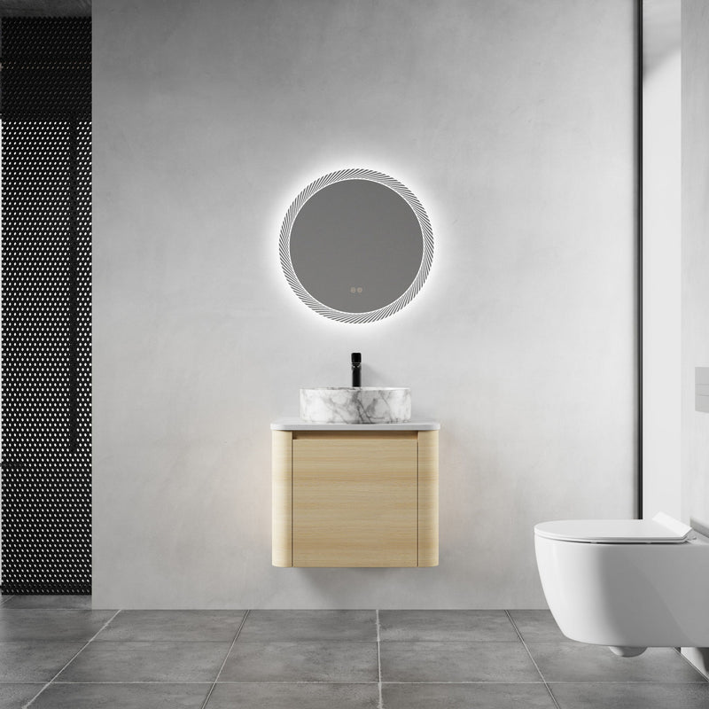 Mounted bathroom vanity with white marble-look art sink and 2 soft-close doors, light wood