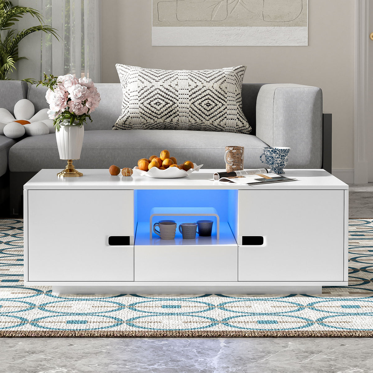 Modern High Glossy Rectangle Coffee Table With 16 Color LED Lights For Living Room