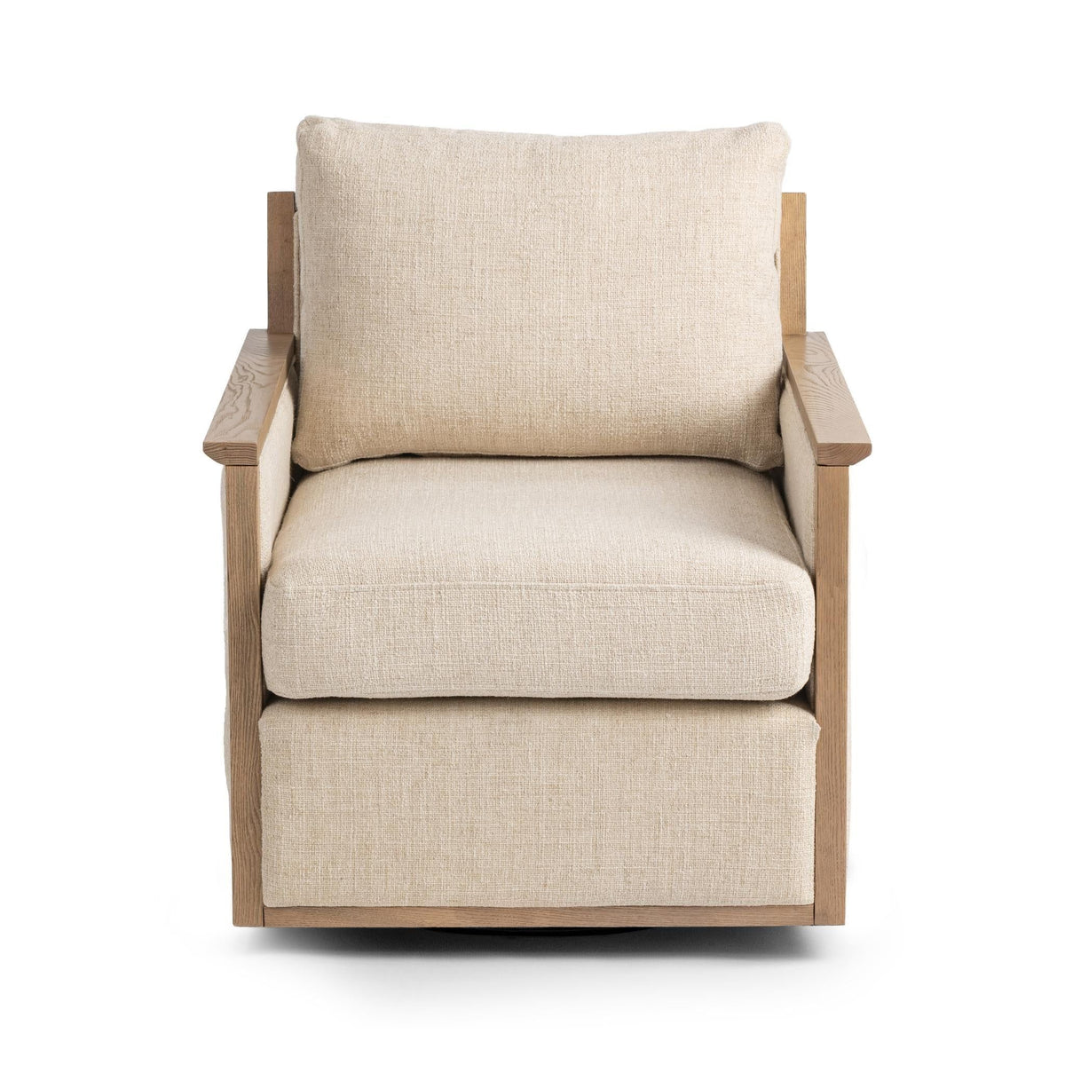 Natural linen accent chair front view with wide padded seat and backrest, wood frame