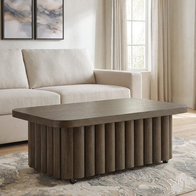 Dark brown rectangular coffee-style table with fluted vertical wood base