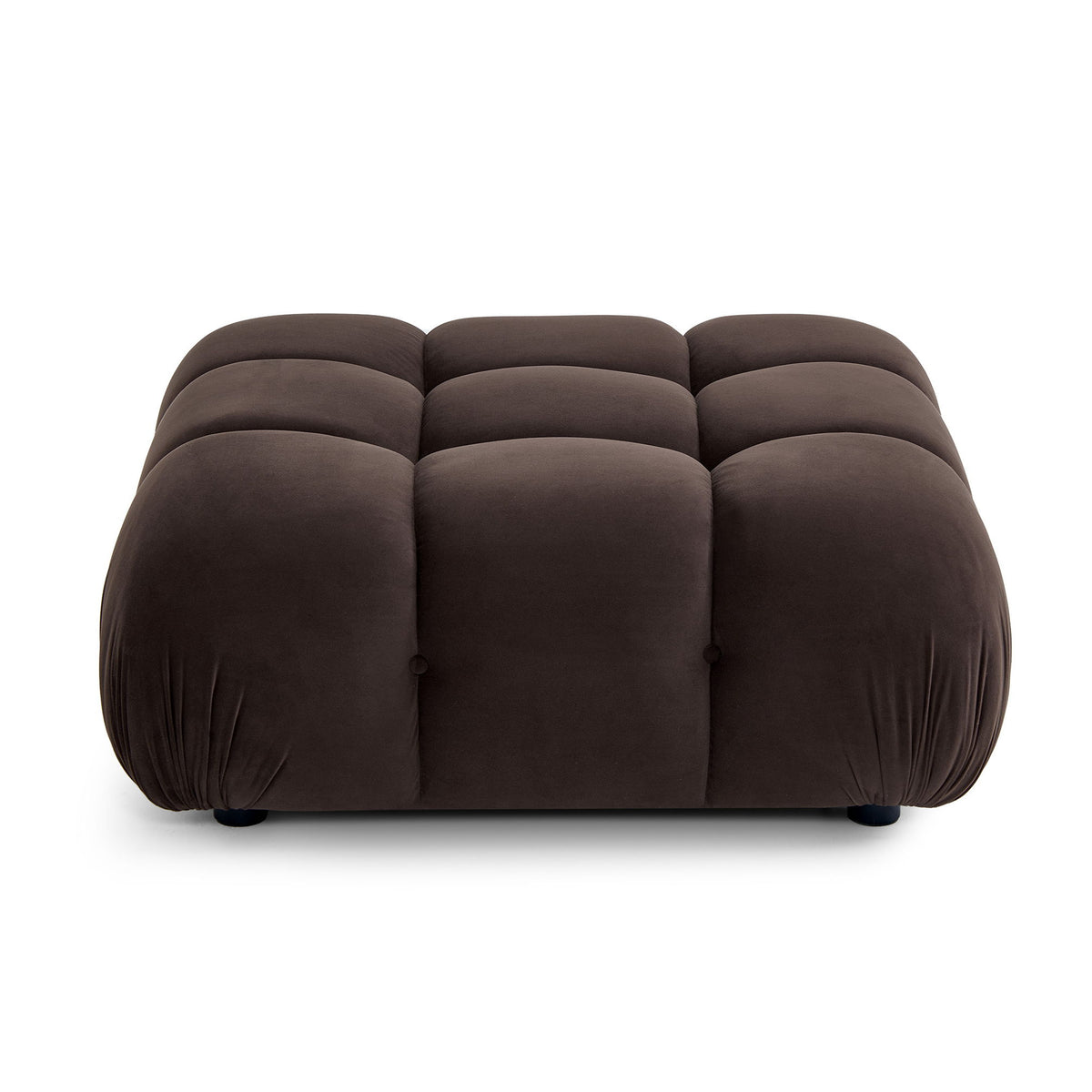 Dark brown modular ottoman with tufted circular cushions and fabric-wrapped base