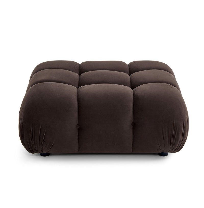 Dark brown modular ottoman with tufted circular cushions and fabric-wrapped base