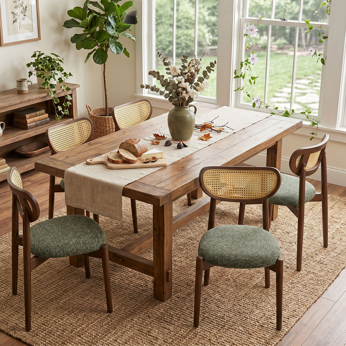 Rattan dining chairs with green seats around a wooden dining table