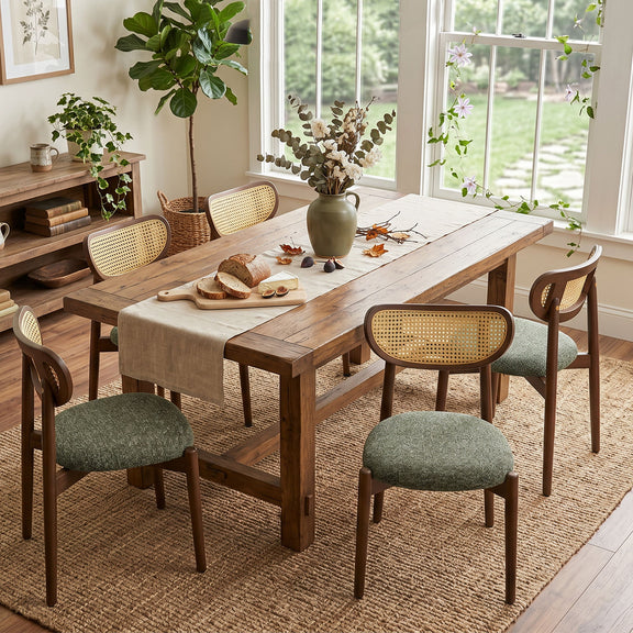 Rattan dining chairs with green seats around a wooden dining table