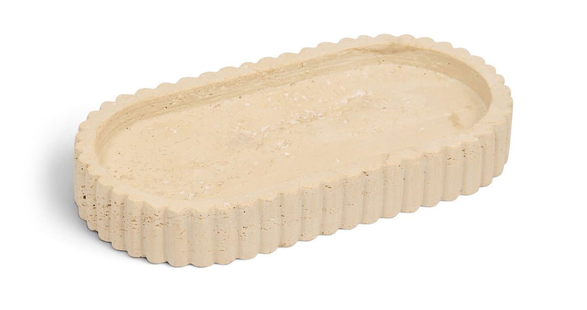 Travertine tray in light beige with scalloped edges