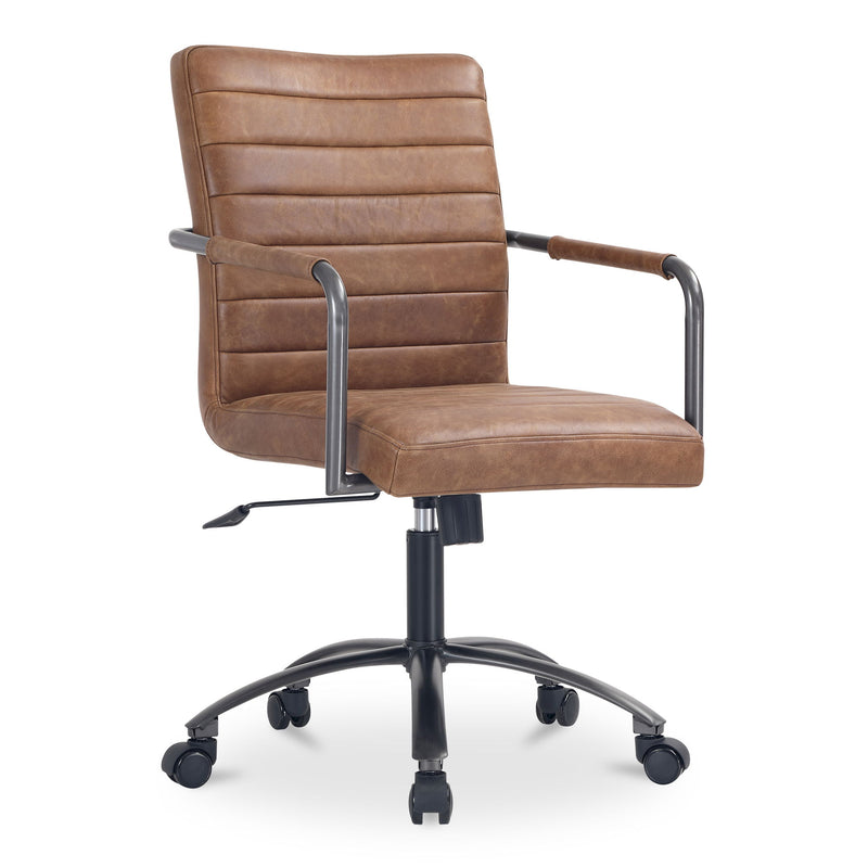 Brown leather office chair with stitched back, padded seat, chrome arms, swivel casters