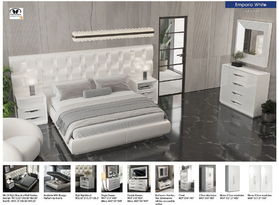 Emporio bed with white upholstered headboard and side storage drawers, full bed view