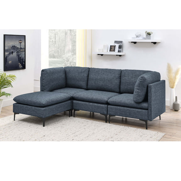 Blue modular sectional sofa with tall legs, chaise ottoman and rounded corner arm