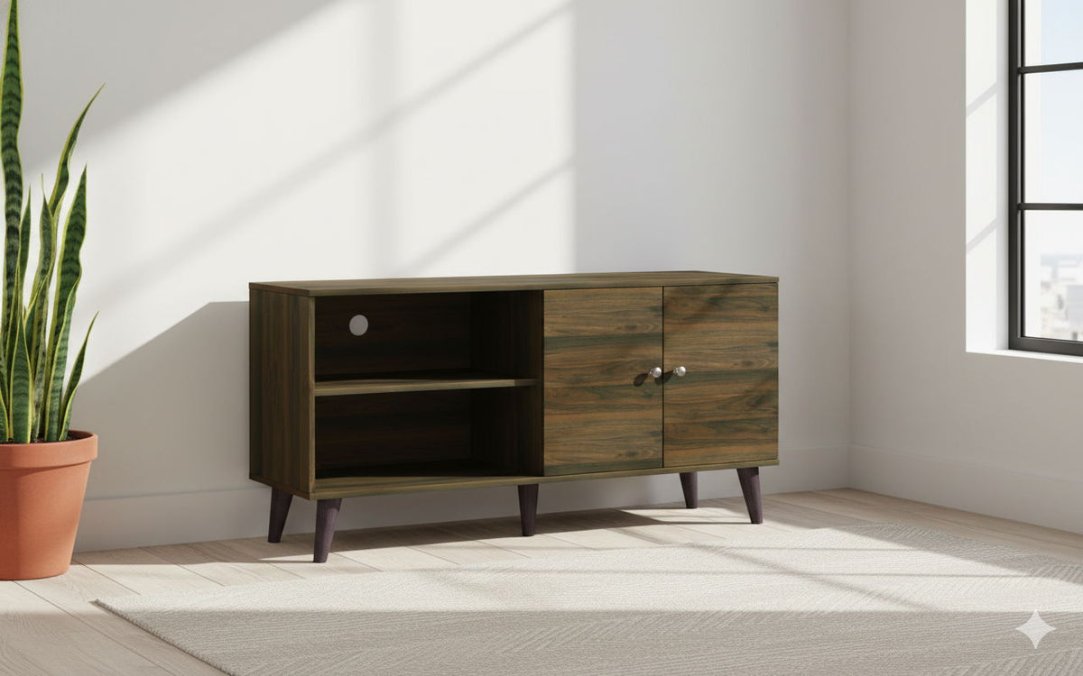 Dark wood TV stand with open shelf, one drawer, and two cabinet doors, angled view.