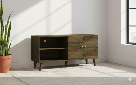 Dark wood TV stand with open shelf, one drawer, and two cabinet doors, angled view.
