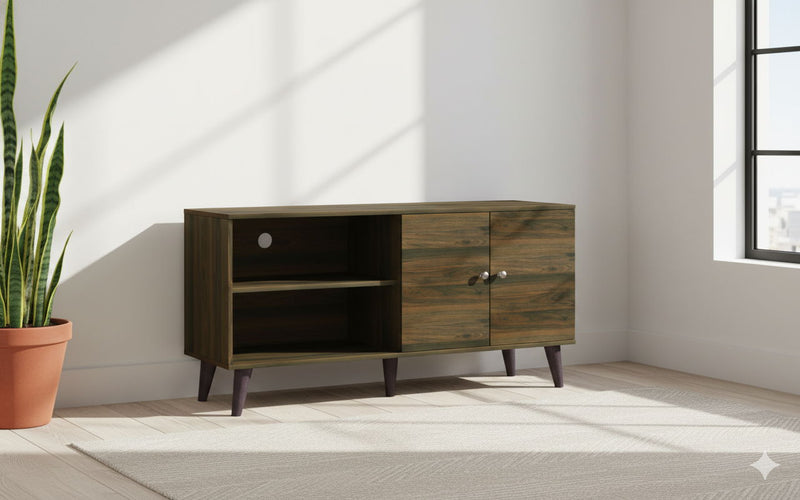 Dark wood TV stand with open shelf, one drawer, and two cabinet doors, angled view.