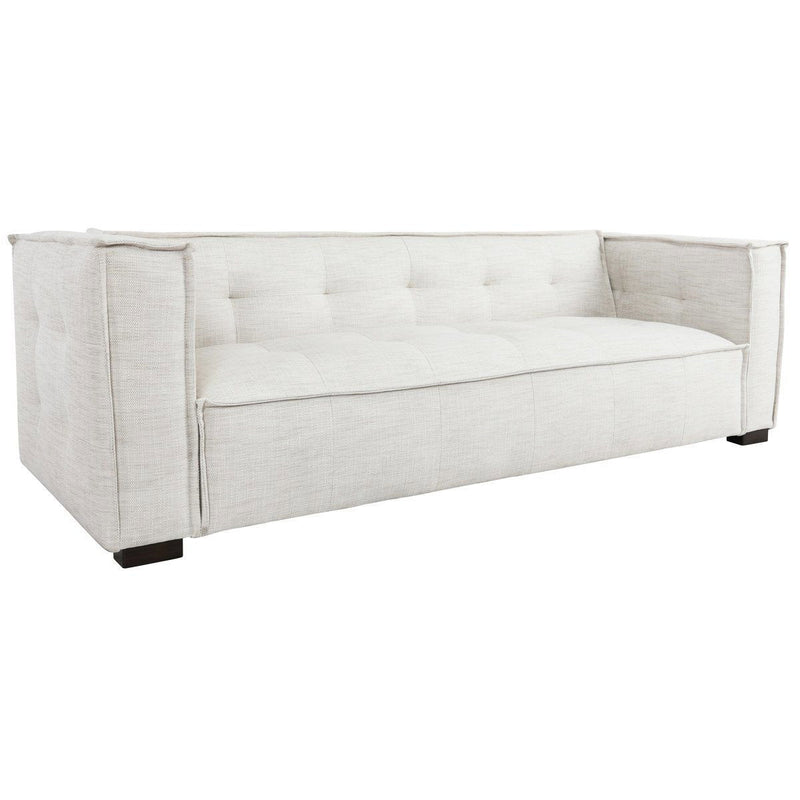 Beige fabric sofa with square arms, tufted back cushions, and dark wooden legs.