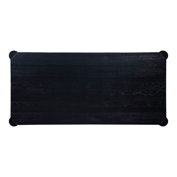 Black oak dining table end panel with curved corner details and dark finish