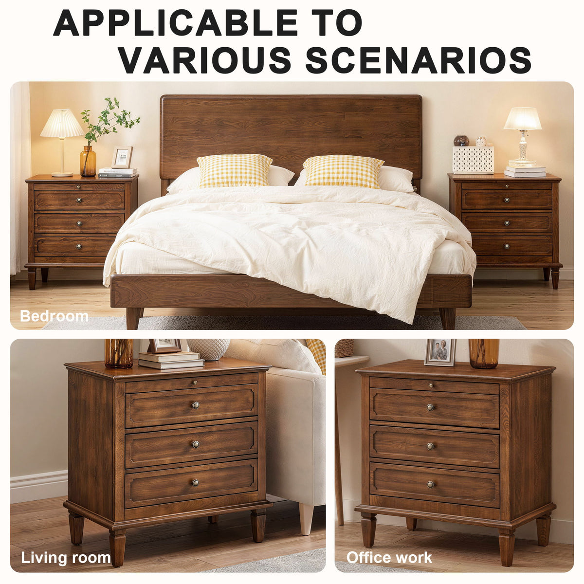 Dark brown three-drawer nightstands shown beside a bed and in living and office spaces