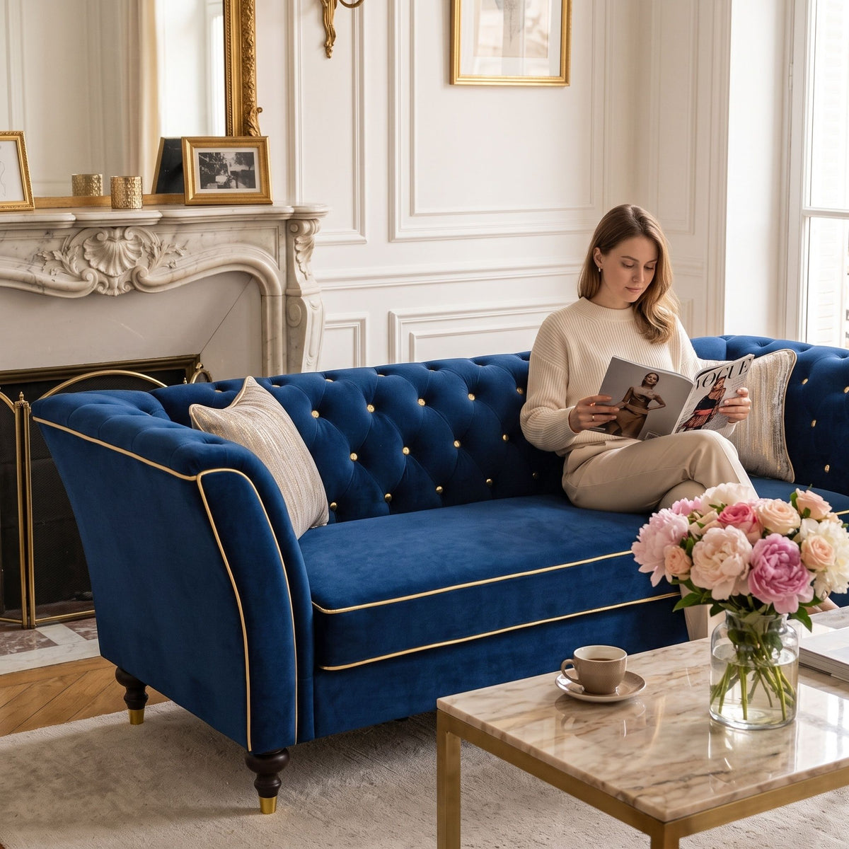 Navy sofa with tufted back, gold trim, and two pillows, shown with a seated person