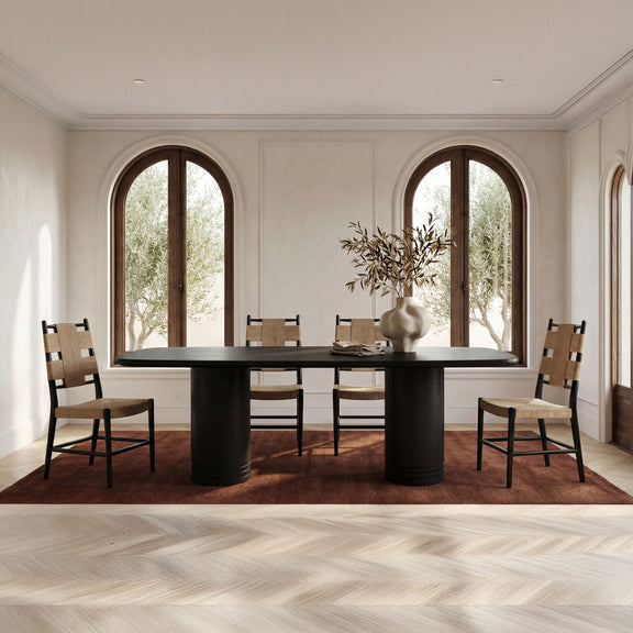 Set of 2 natural dining chairs with padded seats, black frames, cross-back design