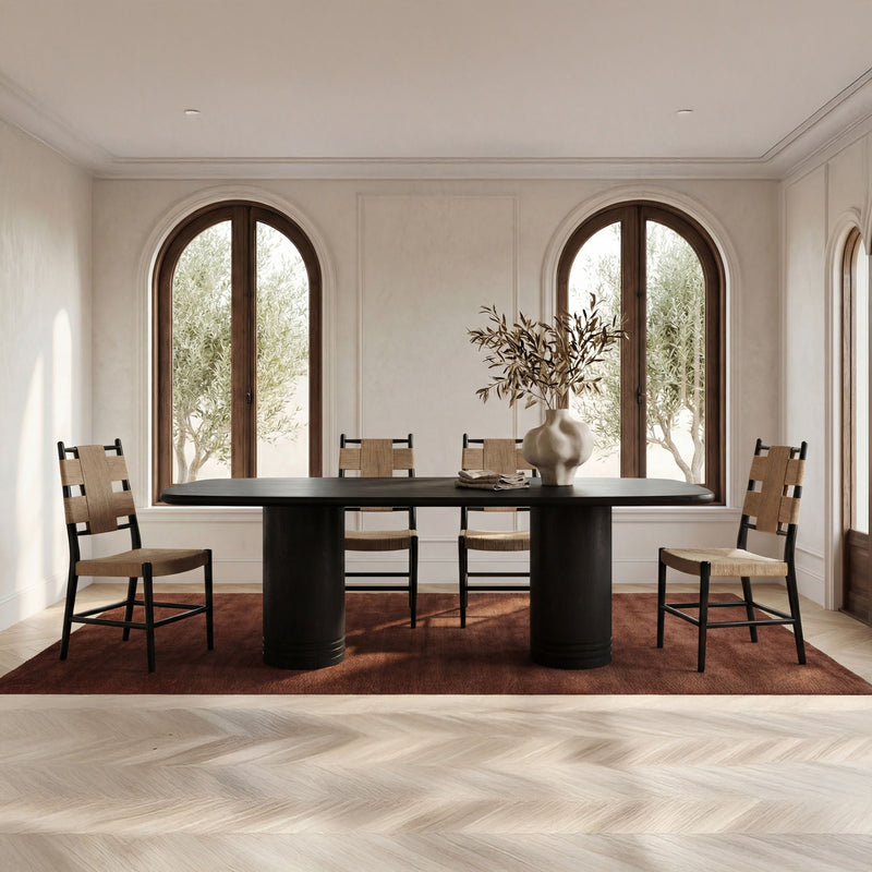 Set of 2 natural dining chairs with padded seats, black frames, cross-back design