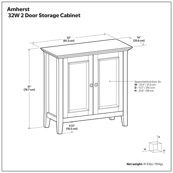 Low storage cabinet with two panel doors, flat top, and measurement diagram