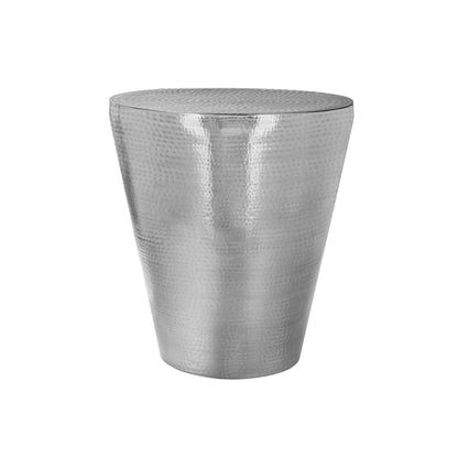 Silver drum accent side table with hammered metal texture top