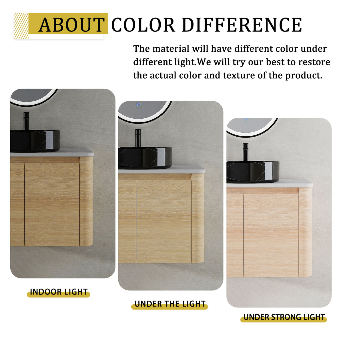 Mounted bathroom vanity color difference chart: light wood with black or white sinks