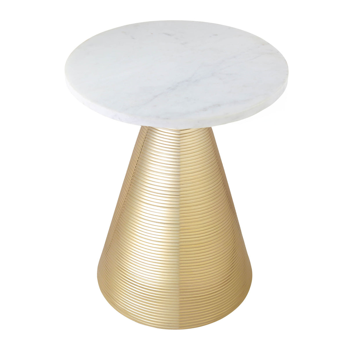 Round white marble top with ribbed gold-tone pedestal base, angled view