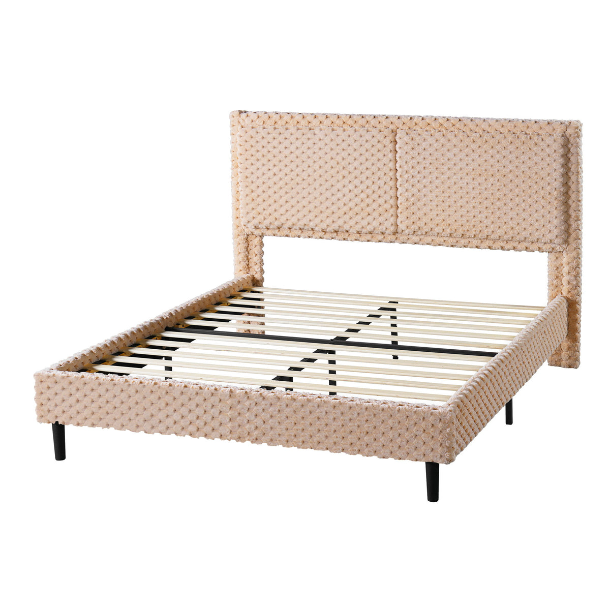 Upholstered queen bed frame with padded headboard, beige textured fabric, slat support