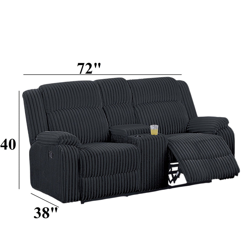 Black loveseat recliner with console cup holder, 72in x 38in size