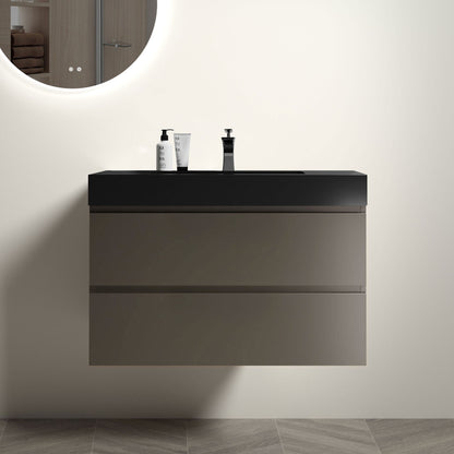 Wall-mounted floating bathroom vanity with dark cabinet and white top, integrated sink