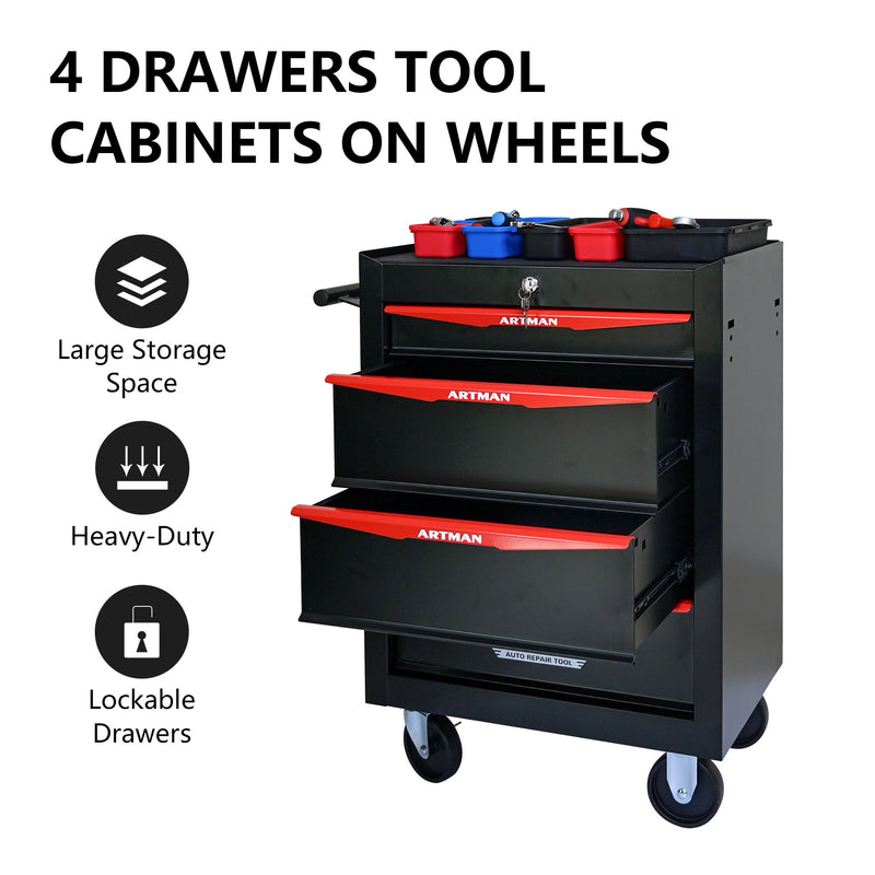 4-drawer tool cabinet on wheels with lockable drawers and large storage space