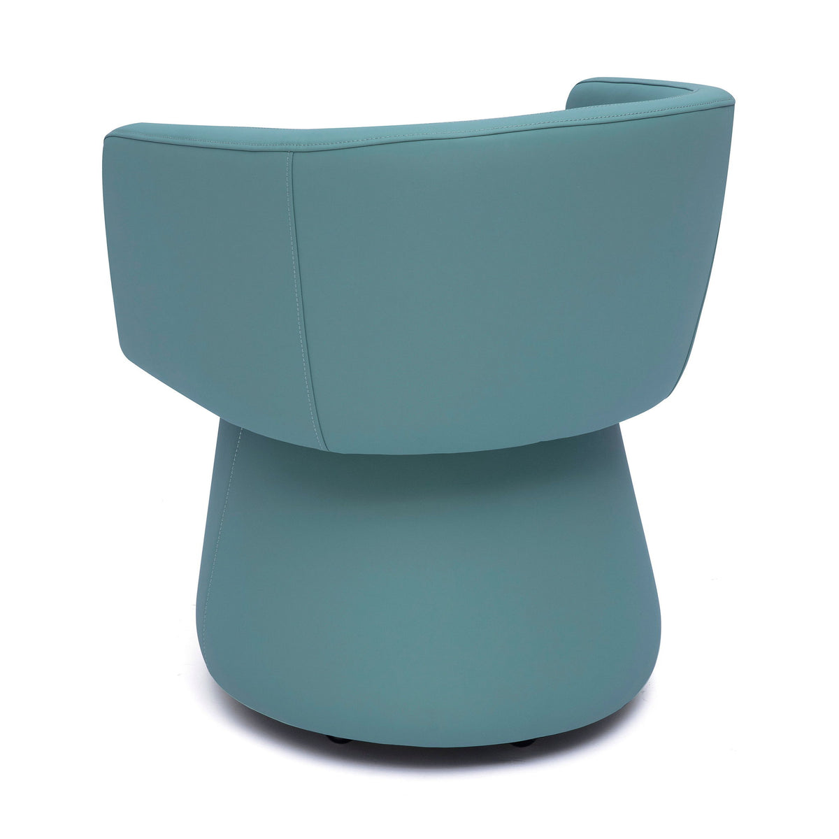 Blue-green faux leather desk chair with curved backrest and swivel base
