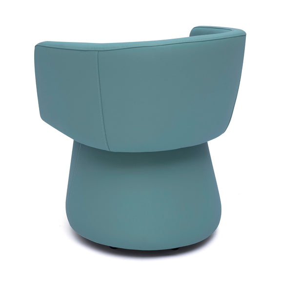 Blue-green faux leather desk chair with curved backrest and swivel base