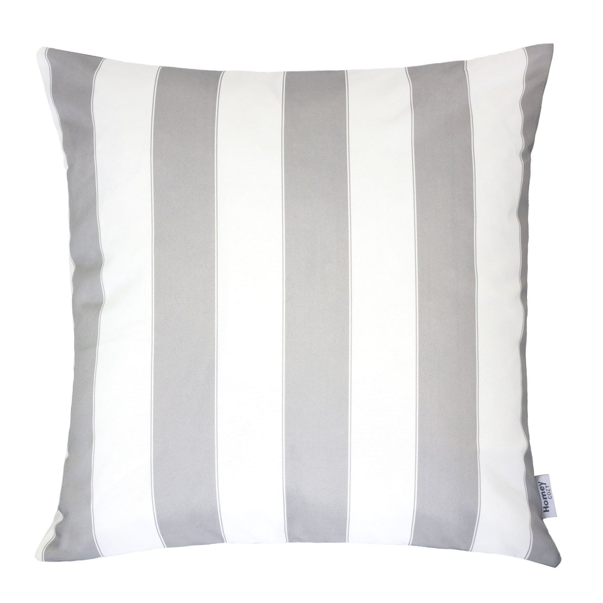Indoor/outdoor striped pillow with white and gray vertical stripes, close front view