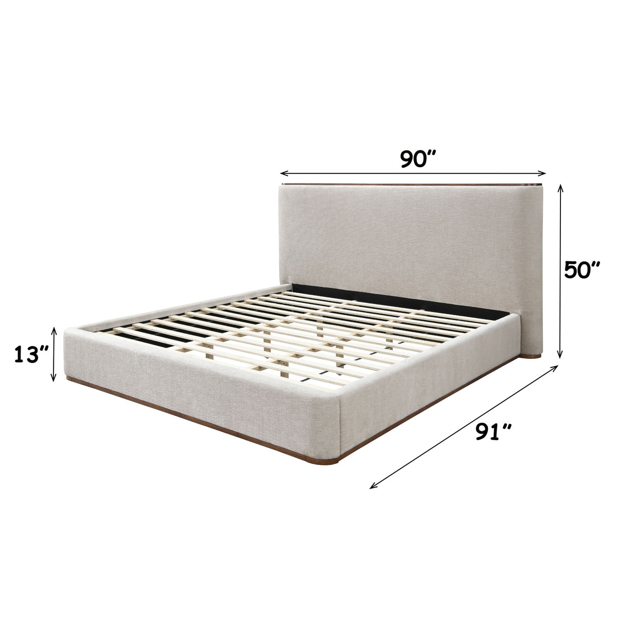 Light gray bed dimensions: 90"L x 91"W, 50" headboard height, 13" bed height