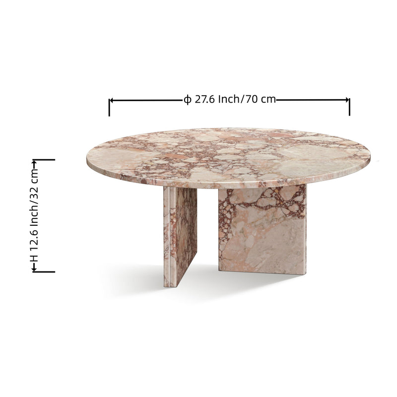 Round marble coffee table with pink and cream veining top and two pedestal legs
